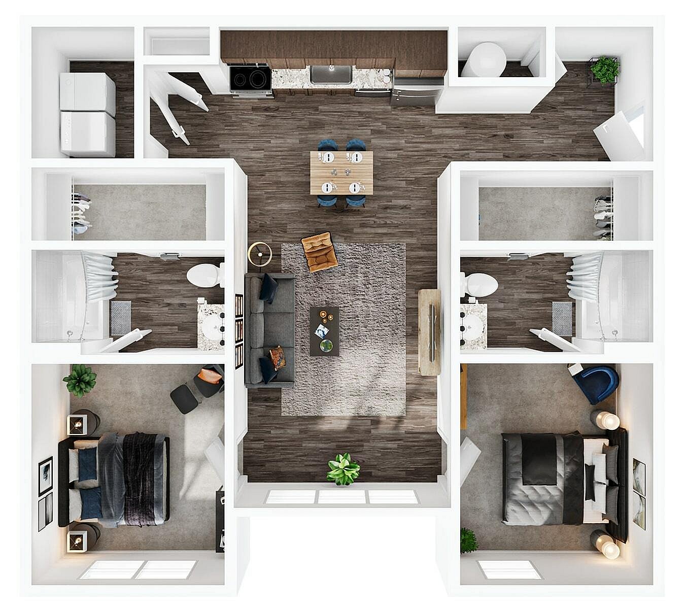 A 3D image of the 2BR/2BA – Upgraded floorplan, a 954 squarefoot, 2 bed / 2 bath unit