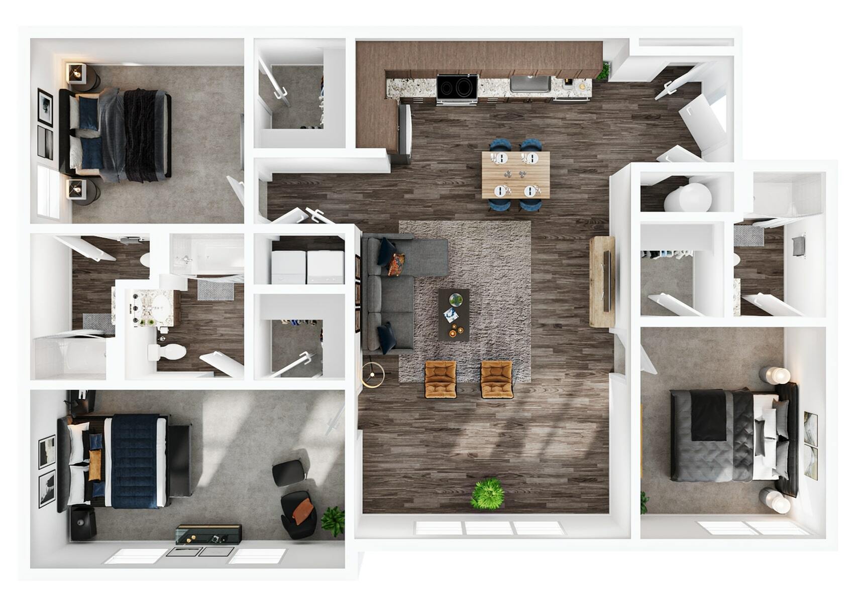 A 3D image of the 3BR/3BA – Upgraded floorplan, a 1238 squarefoot, 3 bed / 3 bath unit